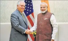  ?? PTI/PIB ?? US secretary of state Rex Tillerson meets PM Narendra Modi in New Delhi on Wednesday.