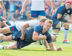  ?? Picture: PA. ?? Chris Harris scores Scotland’s second try.