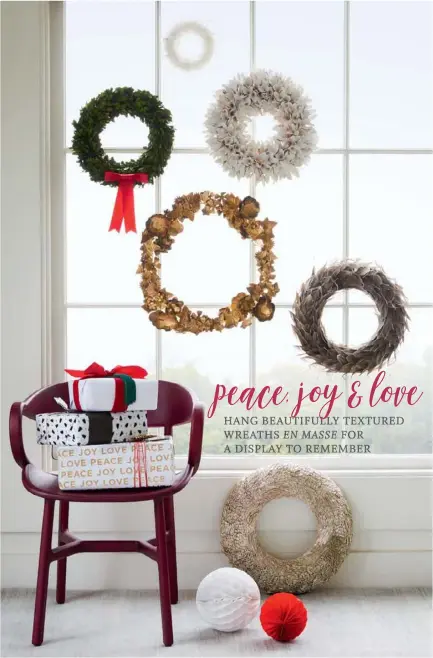  ??  ?? ABOVE, FROM TOP Small feather wreath, $24.95, Papaya. Preserved boxwood wreath, from $119.95, red ribbon, from $6.95, both The Doors Of Berry. ‘Ruffled’ wreath, $80, gold wreath, $68, ‘Dove’ feather wreath in Silver, $60, ‘Champagne’ wreath (on floor), $68, all Florabelle. ‘Vivier’ chair, $4320, Spence &amp; Lyda. Matt white paper, $16/roll, ‘Mini Tree’ paper, $16/roll, ‘Belli Band’ wrap in Black, $5/roll, ‘Peace Love Joy’ paper, $16/roll, all Inky Co. Velvet ribbon in Red, $3.95, cotton ribbon in Red, $4.85, both Koch &amp; Co. Green tassel, $8.95, butterfly decoration, $7.95, both Down To The Woods. Honeycomb decoration­s, $15.95/pack of 10, Ebay. ‘Agra’ rug in Pearl, from $4000/2.4m x 3m, Armadillo &amp; Co. Stockists, page 218