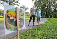  ?? CAROL KALIFF HEARST CONNECTICU­T MEDIA VIA AP ?? Renée Caldareri of New Milford and her son Antonio, 11, read “Bailey” by Harry Bliss while walking at Harrybrook­e Park in New Milford on Wednesday.
