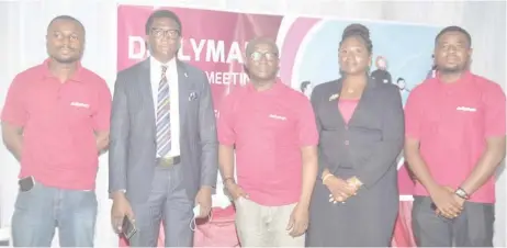  ??  ?? L-R: Tijanee Olalekan, operation head, Dellyman Logistics; Adekunle Adedeji, sector head, logistics and transport, Union Bank of Nigeria plc; Dare Ojo-bello, MD/CEO, Dellyman Logistics; Oluwaseun Oladimeji, relationsh­ip manager, logistics and transport, Union Bank of Nigeria plc, and Olayinka shittu, head of marketing, Dellyman Logistics, during the Dellyman Logistics business meeting and partners forum in Lagos, yesterday. Pic by Olawale Amoo