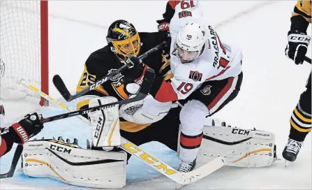  ?? GENE J. PUSKAR THE CANADIAN PRESS ?? Ottawa Senators’ Derick Brassard collides with former Pittsburgh Penguins goalie Marc-Andre Fleury for a goaltender interferen­ce penalty in 2016.