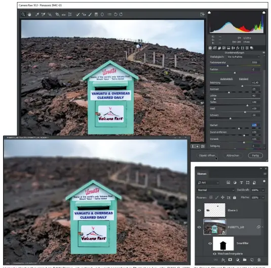  ??  ?? Vielseitig Kontrastko­rrigiert im RAW-Dialog, retuschier­t und weichgezei­chnet in Photoshop bei voller RAW-Qualität – die Smart-Objekt-Technik macht es möglich.