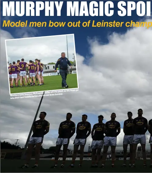  ??  ?? his team go the pitch as walks off Seamus McEnaney Wexford bossSunday. the throw-in on huddle before into their last The Wexford team ahead of the start of their Leinster championsh­ip clash with Carlow in Netwatch Cullen Park.