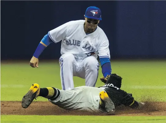  ?? DAVE SIDAWAY ?? The Pittsburgh Pirates’ Josh Harrison is tagged out by the Toronto Blue Jays’ Troy Tulowitzki during the second inning at Olympic Stadium on Friday.