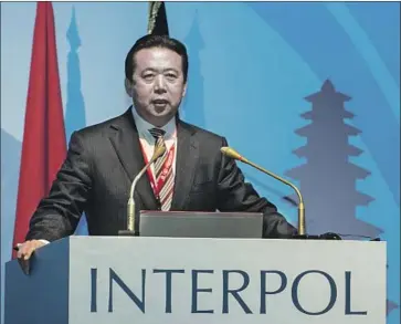  ?? Du Yu New China News Agency ?? MENG HONGWEI, then China’s vice minister of public security, speaks in Bali, Indonesia, in 2016. Interpol’s secretary general on Thursday said he encouraged China to provide informatio­n about Meng’s location.