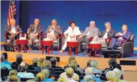  ?? COURTESY OF LANL ?? Former U.S. Rep. Ellen Tauscher moderated a recent discussion among past and present Los Alamos directors including, from left, Donald Kerr, John C. Browne, Robert Kuckuck, Michael R. Anastasio, Charles McMillan and Terry Wallace.