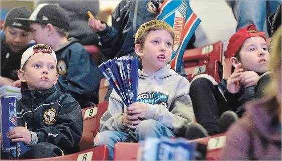  ?? DAVID BEBEE WATERLOO REGION RECORD ?? Rangers fans await the opening whistle of the team's first-round series against the Storm at the Aud Friday. The Rangers won 7-2. For more on the Rangers,