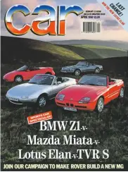  ??  ?? CCW’s sister title CAR put an early Miata up against a Lotus Elan M100, TVR S2 and BMW Z1 – the latter of which was more than the twice the MX-5’s price.