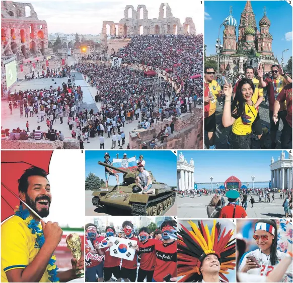  ?? FOTOS: AFP ?? (1) El Coliseo romano en Italia fue habilitado para ver el partido Túnez-Inglaterra. (2) Una linda colombiana rodeada por cuatro brasileños que comparten su amor con Rusia. (3) Ayer fue el día de sacar el paraguas. (4) Rusos posando en un tanque de...