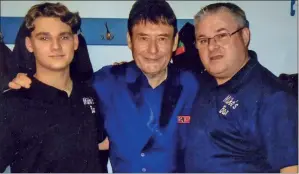  ?? ?? MEETING THE FAMILY: Snooker legend Jimmy White pictured here meeting Miko’s Bar proprietor John O’Beirne and his son Josh, prior to his pool exhibition in Mitchelsto­wn on Wednesday, May 11th.