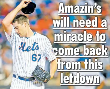  ?? Corey Sipkin ?? TOUGH NIGHT: Seth Lugo reacts after allowing the go-ahead run to score during the ninth inning of the Mets’ 3-2 loss to the Dodgers on Sunday night.