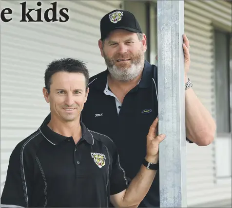  ?? Picture: PAUL CARRACHER ?? VISION: Pimpinio coach Clint Burdett, left, and president Jock Baker will focus on transition­ing junior players into senior ranks. The club’s netball success is also dependent on juniors stepping up.