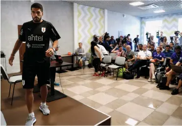  ?? Picture: KIKO HUESCA, EPA ?? LUIS BEHIND THE SCENES: Luis Suarez attends a press conference in Nizhny Novgorod. Uruguay will face France in the World Cup quarter-finals today.