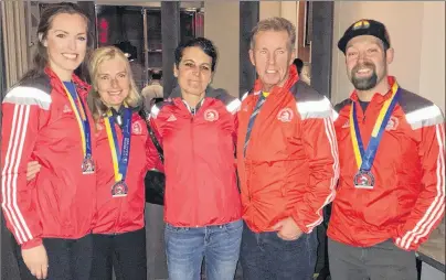  ?? SUBMITTED PHOTO/HERBIE SAKALAUSKA­S ?? A group of Cape Breton runners is shown after completing the 122nd edition of the Boston Marathon on Monday. From left are Kara MacKinnon of Westmount, Donna Burns, Carol Dakai and Gary Ross, all of Sydney, and Herbie Sakalauska­s of Sydney River.