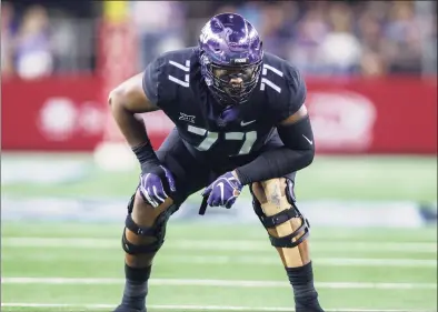  ?? Icon Sportswire via Getty Images ?? Former New Canaan football teammates Zach Allen and Lucas Niang, pictured above in 2018 in game with the TCU Horned Frogs, will be on opposite sides of the line when Arizona and Kansas City play in an NFL preseason game on Friday.