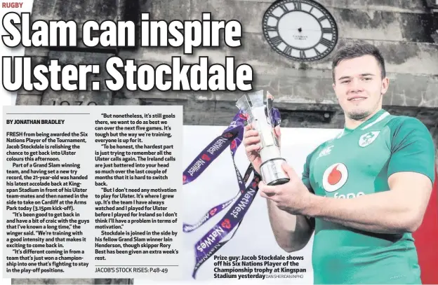  ?? DAN SHERIDAN INPHO ?? Prize guy: Jacob Stockdale shows off his Six Nations Player of the Championsh­ip trophy at Kingspan Stadium yesterday