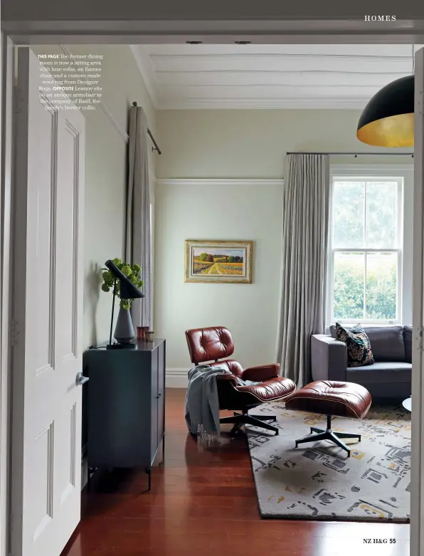  ??  ?? THIS PAGE The former dining room is now a sitting area with luxe sofas, an Eames chair and a custom-made wool rug from Designer Rugs. OPPOSITE Leanne sits on an antique armchair in the company of Basil, the family’s border collie.