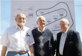  ?? PICTURE: WPMC ?? STILL REVVED UP: Adrian Pheiffer, Denis Joubert and Dr Harry Wade with the board commemorat­ing the circuit’s history.