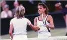  ??  ?? Chris Evert (left) congratula­tes Evonne Goolagong Cawley on winning the 1980 final, the Australian’s second Wimbledon title. Photograph: Colorsport/Rex/Shuttersto­ck