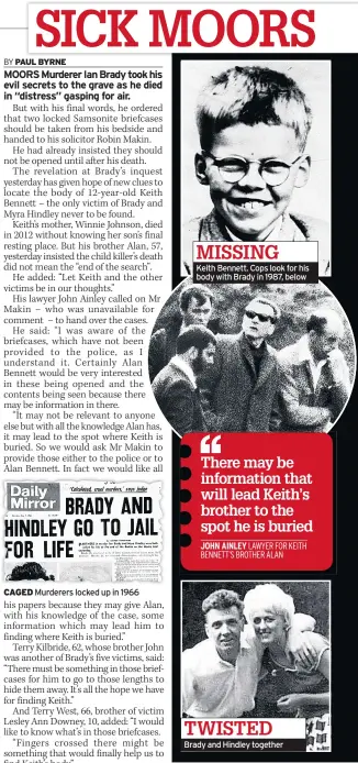  ??  ?? CAGED Murderers locked up in 1966
Keith Bennett. Cops look for his body with Brady in 1987, below TWISTED Brady and Hindley together MISSING