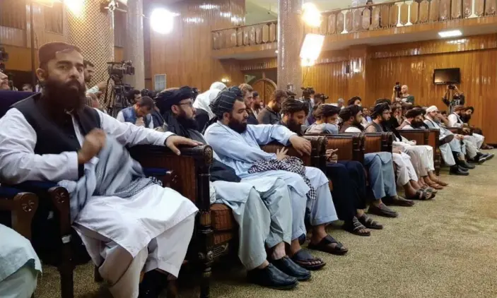  ??  ?? The Taliban press conference where the new government was announced. Photograph: Anadolu Agency/Getty Images