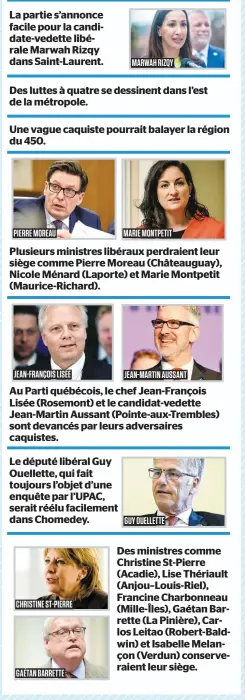  ??  ?? La partie s’annonce facile pour la candidate-vedette libérale Marwah Rizqy dans Saint-Laurent. Des luttes à quatre se dessinent dans l’est de la métropole. Le député libéral Guy Ouellette, qui fait toujours l’objet d’une enquête par l’UPAC, serait...