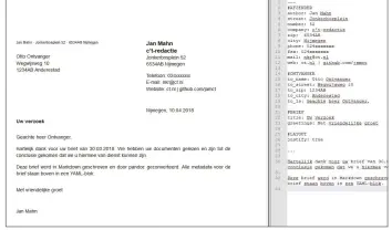  ??  ?? De uiteindeli­jke brief (links) is gemaakt door pandoc met behulp van een Markdown-bestand (rechts) en een sjabloon.