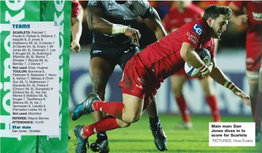  ?? PICTURES: Huw Evans ?? Main man: Dan Jones dives in to score for Scarlets