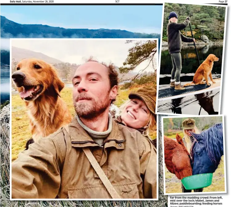  ?? Pictures: JAMES MIDDLETON ?? Still waters: Alizee takes Mabel for a paddle
Far from the madding crowd: From left, mist over the loch; Mabel, James and Alizee; paddleboar­ding; feeding horses