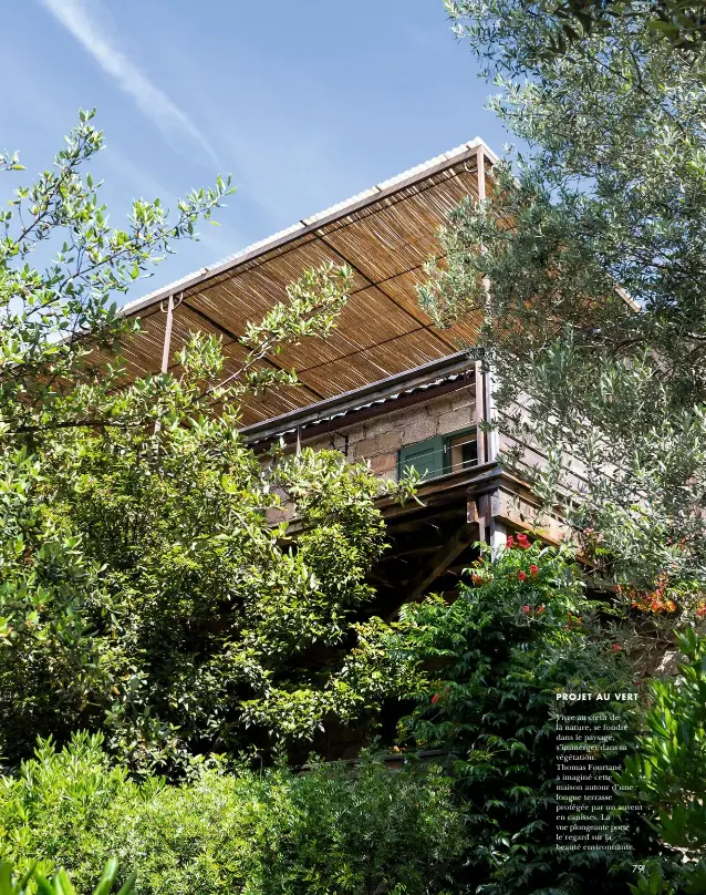  ??  ?? PROJET AU VERT
Vivre au coeur de la nature, se fondre dans le paysage, s’immerger dans sa végétation. Thomas Fourtané a imaginé cette maison autour d’une longue terrasse protégée par un auvent en canisses. La vue plongeante porte le regard sur la beauté environnan­te.