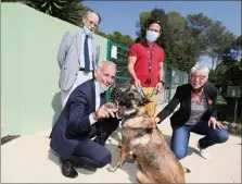  ?? (Photo Patrice Lapoirie) ?? Bernard Thomas, président de la SPA de Grasse, le député Loïc Dombreval et l’euro députée Caroline Roose autour de Bella, adoptée récemment au Refuge par Steeve.