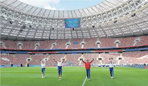  ??  ?? IRON CURTAIN UP Russian keepers go through their paces in a training session at Luzhniki Stadium ahead of today’s Group A opener with Saudi Arabia