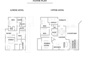  ??  ?? LOWER LEVEL
ENTRY
BED
WIR
FAMILY
BATH
STUDY
BATH
BED
BED
BED
FORMAL LIVING
UPPER LEVEL
OFFICE
WC
BATH
TERRACE
LOUNGE
KITCHEN
COURTYARD