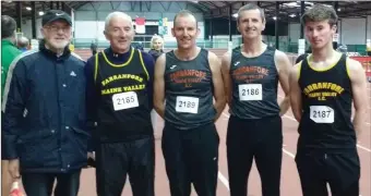  ??  ?? Farranfore Maine Valley AC athletes who took part in the Munster Indoor Championsh­ips, Jerome Crowley (Chairman), Jim O’Shea, Dermot Dineen, Jerome Foley & Rossa Foley