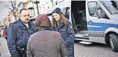  ?? NGZ-FOTO: L. HAMMER ?? Erste Station der Mobilen Wache gestern Vormittag war die Kölner Straße: Yavuz Dündar (l.) und Kerstin Ende sprechen mit einer Passantin.