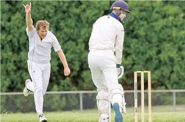  ??  ?? Chris Perry celebrates the wicket of Western Park opener Jack Armour on Saturday afternoon at Ellinbank.