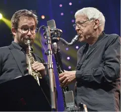  ??  ?? Live at Marciac: Emile Parisien (left) with bass clarinetti­st Michel Portal