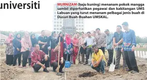  ??  ?? MURNIZAM (baju kuning) menanam pokok mangga sambil diperhatik­an pegawai dan kakitangan UMS Labuan yang turut menanam pelbagai jenis buah di Dusun Buah-Buahan UMSKAL.