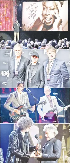  ?? — AFP/Reuters photos ?? (Clockwise from top) Sam Waymon, brother of the late Nina Simone, speaks on stage during the 33rd Annual Rock & Roll Hall of Fame Induction Ceremony on Saturday; Inductees John Illsley (left to right),Alan Clark and Guy Fletcher of Dire Straits;The...