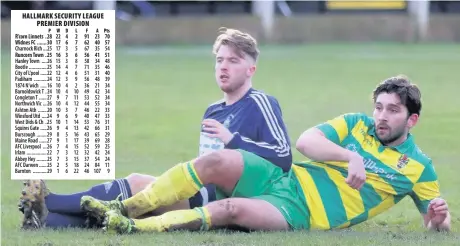  ?? James Eastup ?? Runcorn Linnets centre-forward Freddie Potter – pictured sliding in for the ball in the game against AFC Darwen last month – has won the January Player of the Month award for his club and the League.