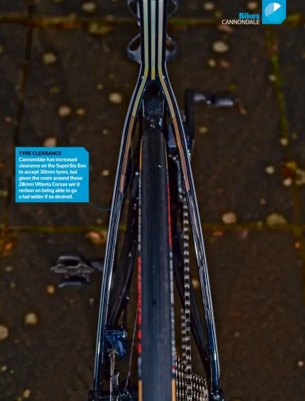  ??  ?? Cannondale has increased clearance on the Supersix Evo to accept 30mm tyres, but given the room around these 28mm Vittoria Corsas we’d reckon on being able to go a tad wider if so desired. TYRE CLEARANCE