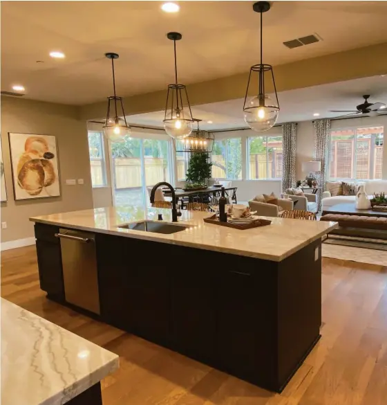  ?? DENOVA HOMES ?? The open kitchens boast integrated appliances and quartz countertop­s.