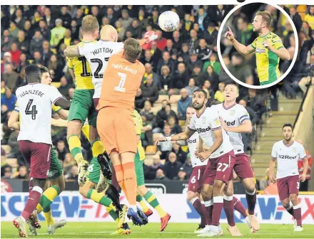  ??  ?? &gt; Norwich City’s Jordan Rhodes (also inset) scores his side’s first goal. Below, James Chester scores