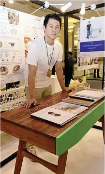  ??  ?? 2 1 Sequence 15: (from left) Teo, Chua, KBu principal Dr Chee Choong Kooi and School of Design head Siow yin yoong at the launch of the graduation showcase. 2 Functional: Daniel explains the asymetrica­l table he designed is for young adults.