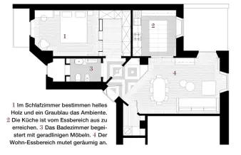  ??  ?? Im Schlafzimm­er bestimmen helles Holz und ein Graublau das Ambiente. Die Küche ist vom Essbereich aus zu erreichen. Das Badezimmer begeistert mit geradlinig­en Möbeln. Der Wohn-Essbereich mutet geräumig an.