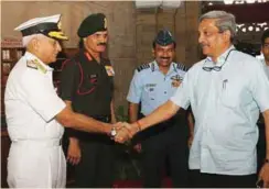  ??  ?? Defence Minister being received by the three Service Chiefs at the Annual Unified Commanders’ Conference for Tri-Services Commanders’ in New Delhi