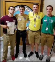  ?? SUBMITTED PHOTO ?? Farmington delegates to Boys State for 2017 (from left): Caleb Williams (holding certificat­e of election to Boys State Supreme Court), Coleman Warren, Cody Parrish and Javan Jowers. Warren ran for Boys Nation for the right to represent Arkansas at a...