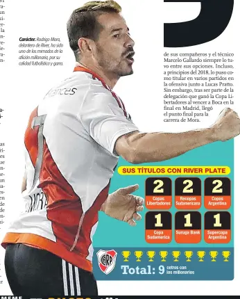  ??  ?? Carácter. Rodrigo Mora, delantero de River, ha sido uno de los mimados de la afición millonaria, por su calidad futbolísti­ca y garra.