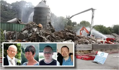  ??  ?? The huge explosion at Bosley Mill killed (inset from left) Derek Moore, Dorothy Bailey, Jason Shingler and William Barks